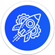 A white icon of a rocket with gears on a vibrant blue circular background