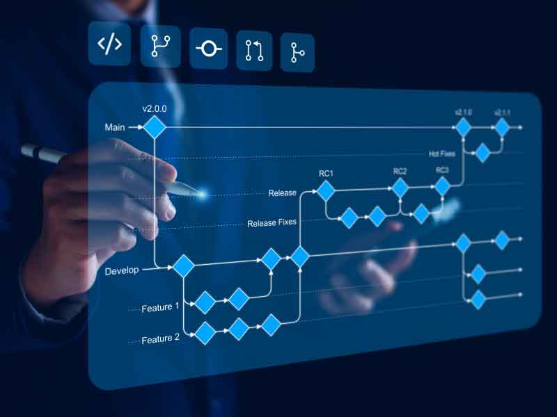 A person using a digital pen interacts with a glowing blue flowchart on a transparent screen