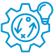Blue icon on black background featuring a large gear with strategy symbols inside, and a lightbulb at the top right, symbolizing innovation and planning.