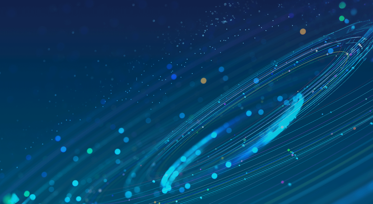 swirling blue lines and multicolored dots against a dark blue background