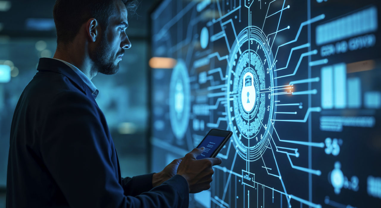 A man holding a tablet stands in front of a large digital screen displaying a futuristic interface with cybersecurity graphics and glowing blue lines.