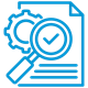 Blue outline of a document with a magnifying glass and checkmark, symbolizing successful review